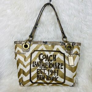 Coach Gold Ivory Zebra Print Raffia Straw Tote Purse Shoulder Bag